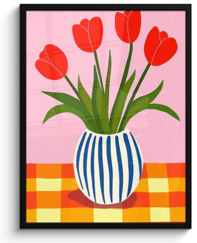 Poster in lijst - Fotolijst 60x80 cm - Posters - Tulpen - Roze - Vaas - Posterlijst zwart - Decoratie - Wanddecoratie woonkamer - Muurdecoratie slaapkamer