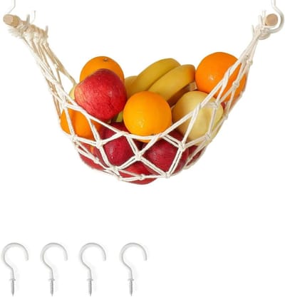 Hangende Fruithangmat - Fruit Net - Keuken Organiseren - Handgemaakt Katoen - 12x20x12 cm - Natuurlijk