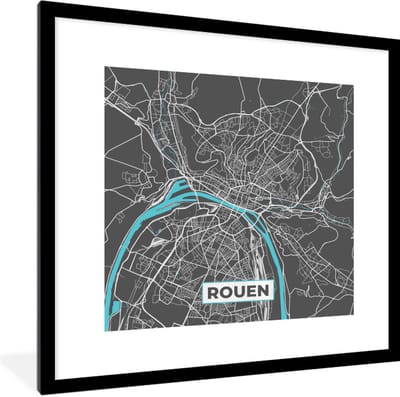 Fotolijst incl. Poster - Frankrijk - Plattegrond - Rouen - Kaart - Stadskaart - 40x40 cm - Posterlijst