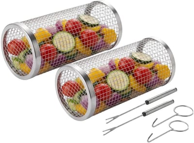 Cookinglife BBQ Rollende Grillmand RVS Ø 9 x 20 cm - Set van 2 stuks