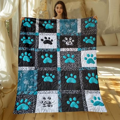 1 stuks Petrolblauwe Pootafdruk Gewatteerde Plaid, Patchwork Hond Kat Poot Fleece Deken voor Huisdierliefhebbers Woondecoratie Size: 75*100cm, Weight: 280 GSM