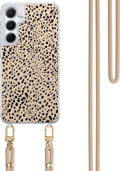 Casimoda® hoesje met koord - Geschikt voor Samsung A15 - Stippen bruin abstract - Afneembaar koord - TPU/polycarbonaat - Bruin/beige