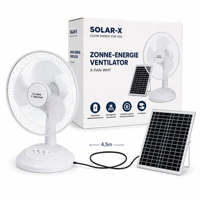 Zonne-energie Tafelventilator 30 cm (12 inch) | X-LUMIX X-Fan White | 15W Motor | 12W Zonnepaneel | 4000mAh Accu | Stil & Energiezuinig | Binnen & Buiten