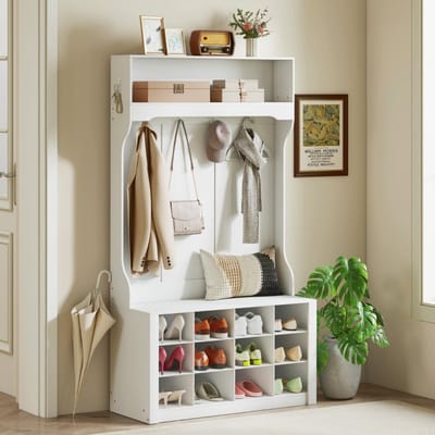 Wishdor - Garderobe - 4-In-1 Functie - Landelijke Stijl - Voor Hal - Hout - Wit - 100 X 35 X 172,2 Cm