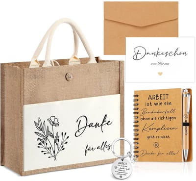 Dailygoods- Jute Tas - Collega-Cadeau - Bedankgeschenk - Notitieblok - Houten Balpen - Sleutelhanger met Klavertje Vier - Geschenkdoos