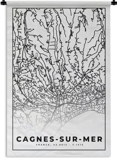 Wandkleed - Wanddoek - Cagnes-sur-Mer - Frankrijk - Plattegrond - Stadskaart - Kaart - Zwart wit - 120x180 cm - Wandtapijt