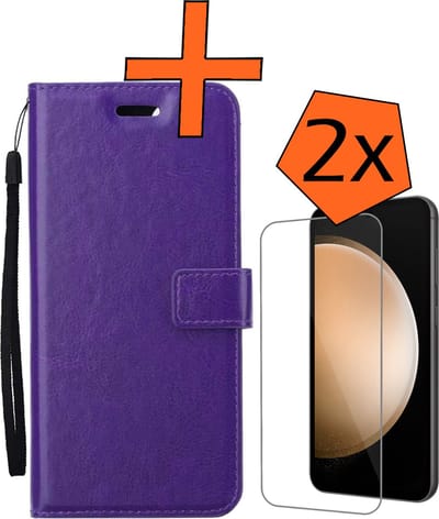 Hoes - Met 2x Screenprotector - Geschikt voor Samsung Galaxy S23 FE - Luxe Pasjeshouder - Bookcase Portemonee - Flip Case - Kunstleer Book Case - Flipcase Hoes - Book Cover - Walletcase - PortemonneeHoes - Paars