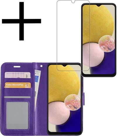 Hoesje - Met Screenprotector - Geschikt voor Samsung Galaxy A13 4G - Luxe Pasjeshouder - Bookcase Portemonee - Flip Case - Kunstleer Book Case - Flipcase - Book Cover - Walletcase - Portemonneehoes - Paars