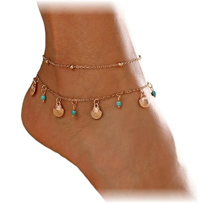 Fako Bijoux® - Enkelbandje - Enkelsieraad - Schelpjes Turquoise - Goudkleurig