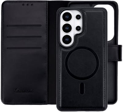 CaseMania Bookcase hoesje geschikt voor Samsung Galaxy S26 Ultra - Effen Zwart - Leer - 2-in-1 Magnetisch Uitneembaar Design - Compatible met Qi2 & MagSafe