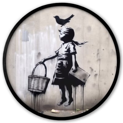Poster in lijst Rond - Fotolijst 40x40 cm - Posters - Graffiti - Meisje - Vogel - Street Art - Banksy Style - Ronde posterlijst zwart - Decoratie - Wanddecoratie woonkamer - Muurdecoratie slaapkamer