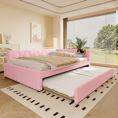 Slaapbank 140x200 cm - met bedlampje - Gestoffeerd bed met uitschuifbaar bed - USB-poort - Type-C - roze - zonder matras