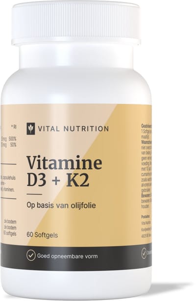 Vital Nutrition Vitamine D3 + K2 - Cholecalciferol & MK-7 - Olijfolie voor betere opname - Botten & Spieren - 60 softgels