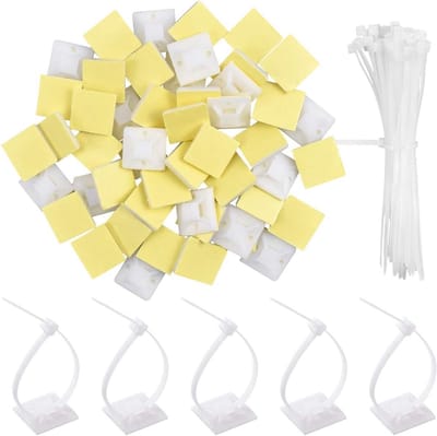 Kabelbinders met houders - Tie-wraps - Kabelbeheer thuis - Sterke zelfklevende basis - 50 stuks - Wit