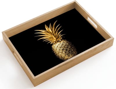 Dienblad hout 40x30 cm - Schootdienblad - Ananas - Zwart - Goud - Luxe - Borrelplank rechthoek - Plateau dienbladen
