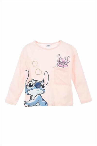Disney Stitch Shirt - Lange Mouw - Roze - Stitch en Angel - Maat 98
