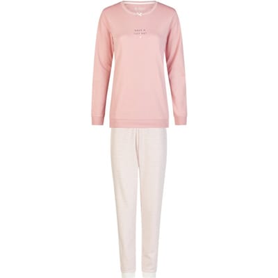 By Louise Dames Winter Pyjama Set Lang Interlock Roze/Wit Gestreept - Maat S