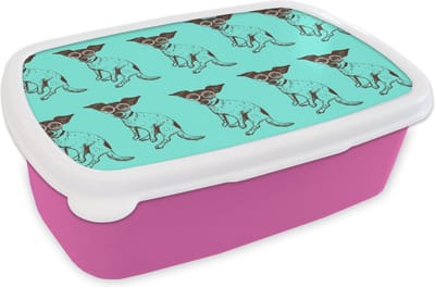 Broodtrommel Roze - Lunchbox - Brooddoos - Jack Russell - Hond - Patronen - Bril - 18x12x6 cm - Kinderen - Meisje