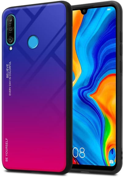 Cadorabo Hoesje geschikt voor Huawei P30 LITE in PAARS - ROOD - Tweekleurige beschermhoes van TPU-silicone Case Cover en achterzijde van gehard glas