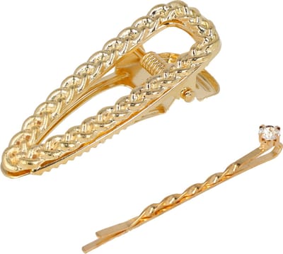 Haarsoires Haarspeld Duckklem en Schuifspeldje 6cm – Open Vorm met Ketting en Strass – Goud – Set van 2 - Sterke Haarclip voor Styling & Dagelijks Gebruik - Hair Clip - Decoratieve Haaraccessoire
