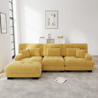 Luxe modulaire hoekbank - L-vormige bank - slaapbank - met hocker - met lendenkussen en sierkussen - geel