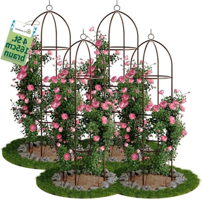 Garden Obelisk Rankhulp 165 cm bruin set van 4 - rozen klimrooster metaal roestvrij voor klimplanten clematis - gepoedercoat staal 165 cm hoog 40 cm Ø ranktoren tomaten komkommers