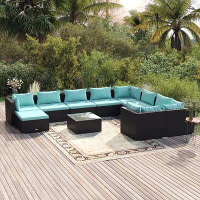 vidaXL - 11-delige - Loungeset - met - kussens - poly - rattan - zwart