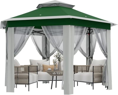 Partytent Hexagonale met Muggennet - 400x400x280cm - Pop-up Paviljoen met Zandzakken - Snel Opzetten - Buiten Overkapping voor Tuin Terras - Groen