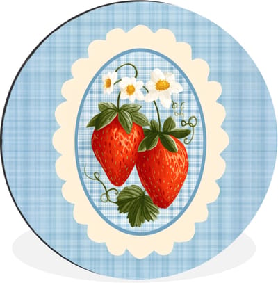 WallCircle - Wandcirkel - Muurcirkel - Aardbeien - Lijst - Rood - Geruit - Aluminium - Dibond - 30x30 cm - Binnen en Buiten