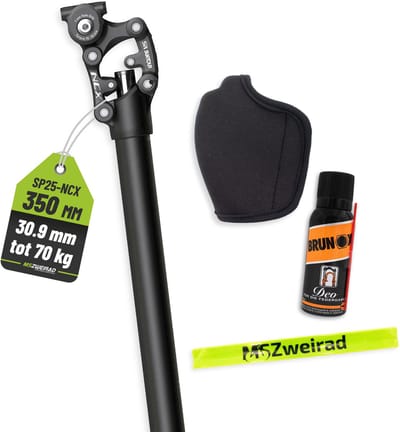 Suntour verende zadelpen SP25-NCX, diameter 30,9 mm, lengte 350 mm, gewichtsklasse tot 70 kg, parallellogram, inclusief Brunox Deo en MSZweirad reflectieband