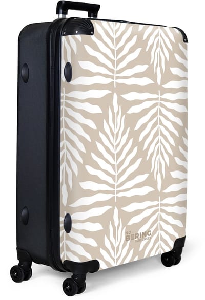 NoBoringSuitcases.com® - Koffer groot - Reiskoffer lichtgewicht - Patroon van bladeren in beige met wit - Rolkoffer met 4 wielen - Grote trolley XL - 98 liter bagage