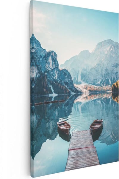 Artaza Canvas Schilderij Landschap - 20x30 cm - Klein - Wanddecoratie Bergen - Muurdecoratie Boot - Kamer Accessoires Herfst
