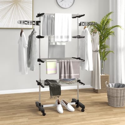 MEUNIQ Droogtoren 142 x 55 x 172 cm met 5 niveaus, inklapbaar wasrek met verstelbare zijstang, 6 wielen en draagvermogen 30 kg voor binnen, zwart en zilver