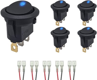 ProRide Wipschakelaar ON-OFF KCD2-12 - met Aansluitkabels - 3 pins - Rond - 12V/20A - LED indicator Blauw - 5 stuks