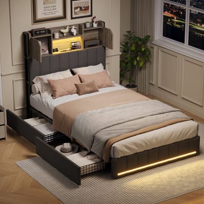 Eenpersoons Opbergbed 90×200 – Grijs Linnen – LED Hoofd- & Voetbord – USB Opladen – 2 Lade Opbergruimte
