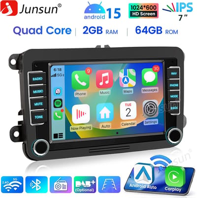 HexinexMarket Quad-Core Android 15 autoradio Geschikt voor VW GOLF 5 6 Touran Tiguan - Draadloos CarPlay, Android Auto, multimediaspeler, 2GB+64GB