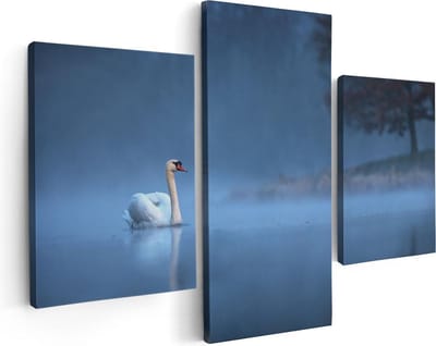 Artaza Canvas Schilderij Drieluik Zwaan op het Water tussen de Mist - 90x60 - Foto Op Canvas - Canvas Print