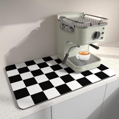 Droogmat voor Afwas in de Keuken, 40 x 45 cm, Absorberende Mat voor Koffiebar en Aanrecht, Vlekken Verbergende Rubber Onderkant, Zwart en Wit