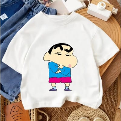 T-shirt à col rond pour enfants Mignon Dessin animé Été Décontracté Mode de rue Manches courtes Shin-chan le Petit Détective 160