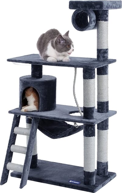 Feandrea - Krabpaal - Krapmeubelen - Krabpaal voor Katten - Kattenboom - Donkergrijs -Krabpaal met hangmat en trap - hoogte 140 cm - Verdikte sisalstammen tot Ø 8,6 cm
