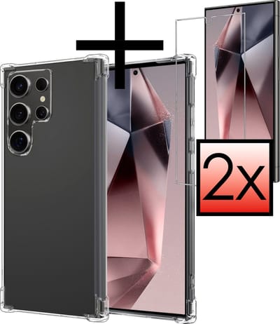 Hoesje - Met Screenprotector - 2 Stuks - Geschikt voor Samsung Galaxy S24 Ultra - Sterk & Shockproof - Siliconen Case - Back Cover - Telefoon Hoes - Shock Proof - Transparant