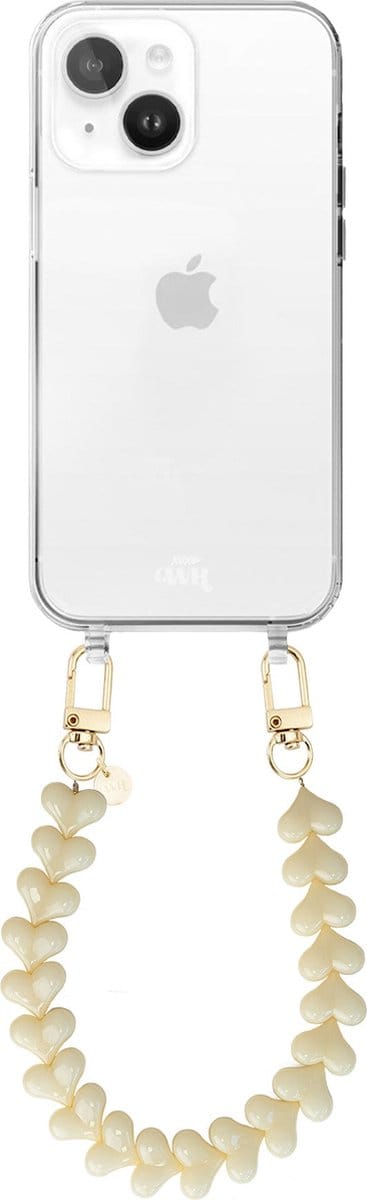 xoxo Wildhearts siliconen hoesje - Geschikt voor iPhone 15 Plus hoesje - Funky Hearts - Telefoonhoesje - Hoesje met koord - Creme / Beige koord - kort telefoonkoord - Hartjes ketting - Transparant hoesje