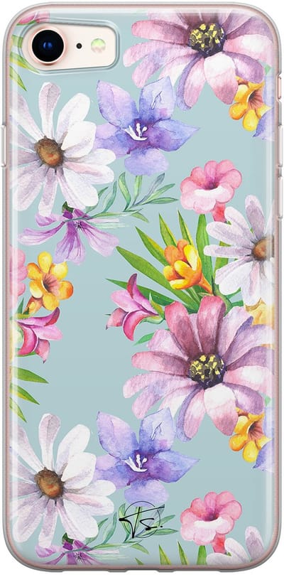 Hoesje geschikt voor iPhone SE (2020) - Mint bloemen - Soft Case - TPU - Bloemen - Blauw - Mooie Telefoonhoesjes