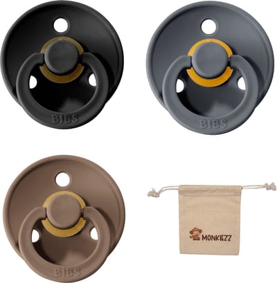 Bibs fopspenen maat 1 0-6 maanden| Set 3 stuks| Dark oak, Iron, black + Monkiezz speenzakje