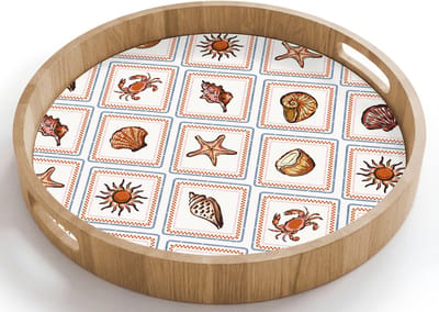 Dienblad rond 40x40 cm - Schootdienblad hout - Kust - Zee - Kokosnoot- Schelp - Borrelplank rechthoek - Plateau houten dienbladen
