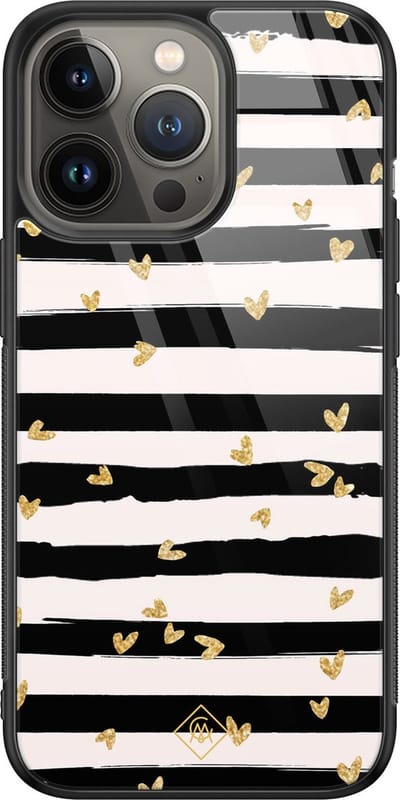 Casimoda® hoesje - Geschikt voor iPhone 13 Pro - Hart Streepjes - Luxe Hard Case Zwart - Backcover telefoonhoesje - Zwart