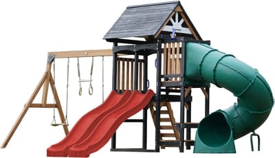 AXI Cody Speeltoestel met Schommels, Trapeze en Klimwand – Rode Dubbele Glijbaan – Met Buisglijbaan - Met Picknickbank - FSC 100% hout – Speeltoren voor de tuin / buiten