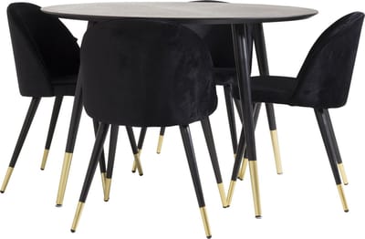 DippØ115BLBR eethoek eetkamertafel zwart en 4 Velvet eetkamerstal velours zwart, messing decor.