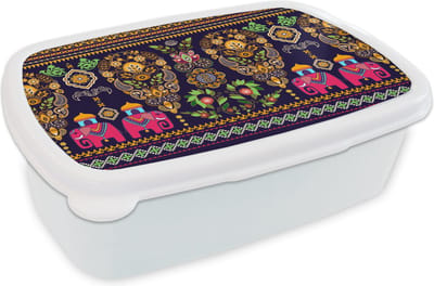 Broodtrommel Wit - Lunchbox - Brooddoos - Patronen - Olifant - Roze - 18x12x6 cm - Volwassenen