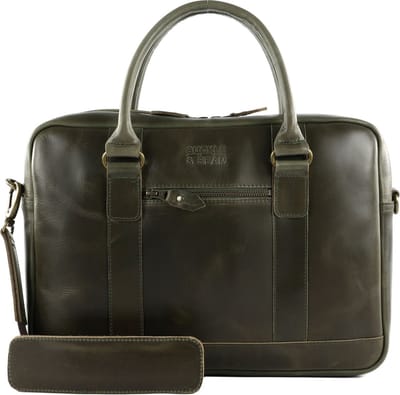 BUCKLE & SEAM Leren Business tas Laptoptas met laptopvak Everett Orange Business Bag Olive Donkergroen